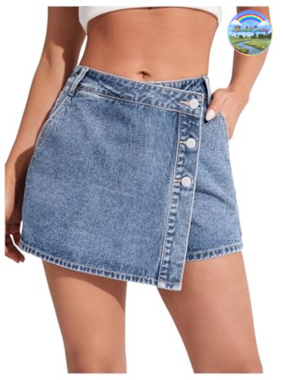 High Waisted Button Denim Asymmetrical Hem Skort Jean Skirt